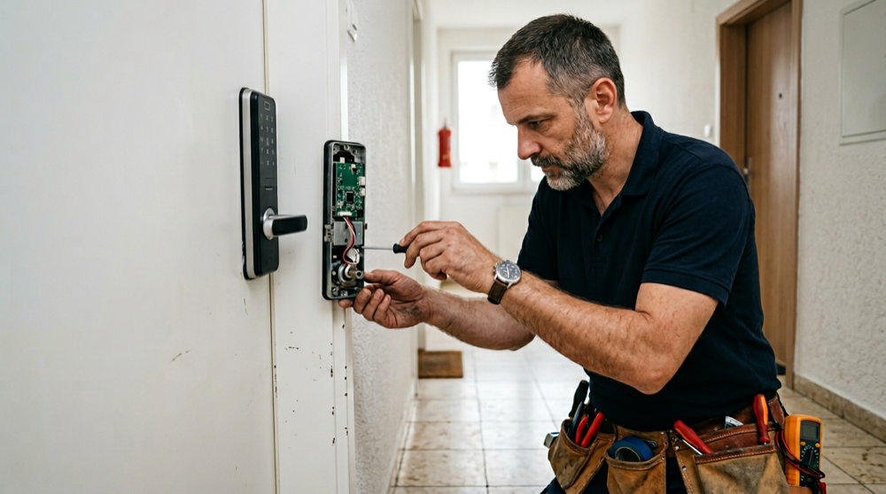 Tehničar prilagođava pametnu bravu na vratima na lokaciji