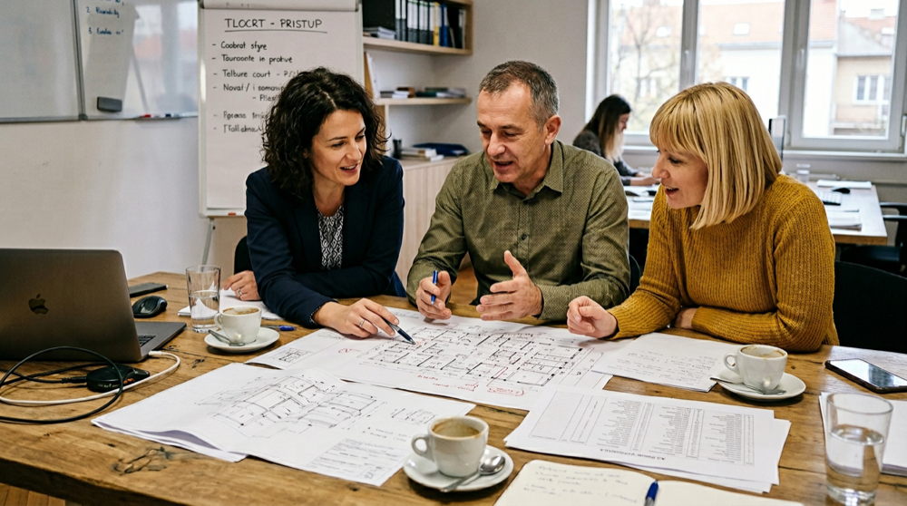 Tim uz stol pregledava planove i tehničku dokumentaciju za pristup